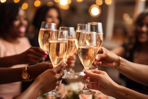 Group of friends toasting with champagne glasses at new year party