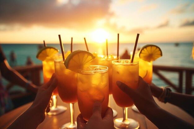 Group of friends toasting with cocktails at sunset