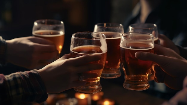 Group of friends toasting with glasses of beer Generative Ai