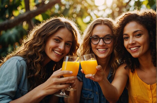 Photo a group of friends toasting with glasses of orange