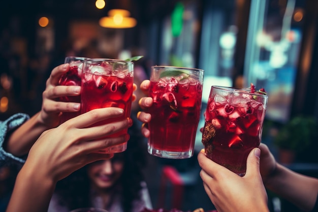 A group of friends toasting with glasses of pomegranate juice