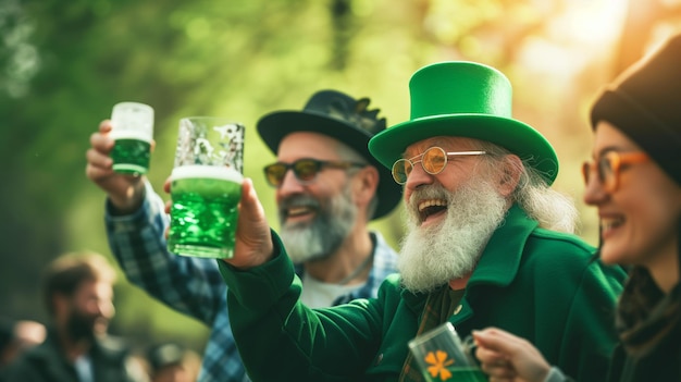 Group of friends toasting with green beer on the street at St Patricks Day celebration