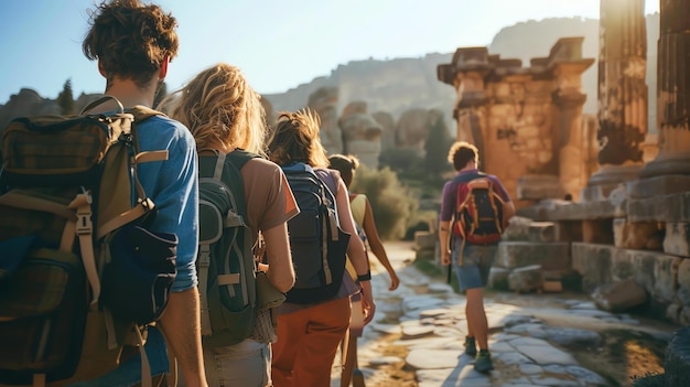 Foto un gruppo di amici che viaggiano insieme ed esplorano antiche rovine in una giornata di sole sono tutti vestiti casualmente e portano zaini
