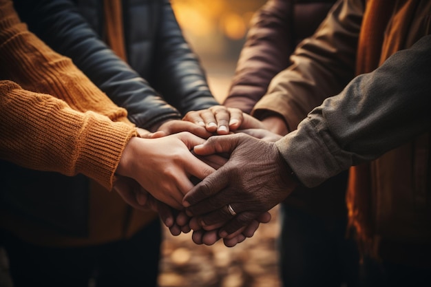 Group of friends unites hands intertwined representing teamwork and togetherness