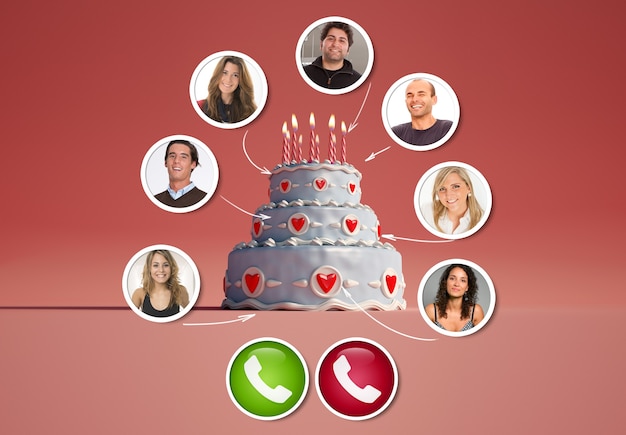 A group of friends in a video call around  a birthday cake 3D rendering