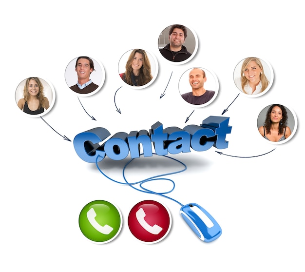 A group of friends in a video call with the word contact