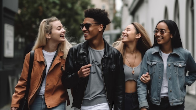 A group of friends walk down a street