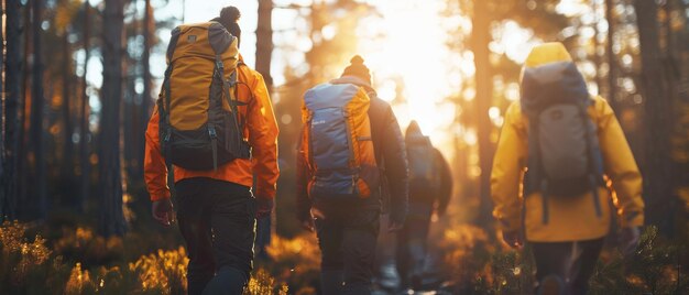 Foto un gruppo di amici che camminano nella foresta con gli zaini