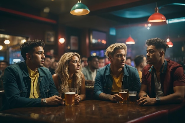 Group of friends watching soccer game in pub