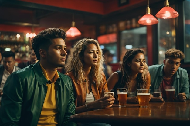 Photo group of friends watching soccer game in pub