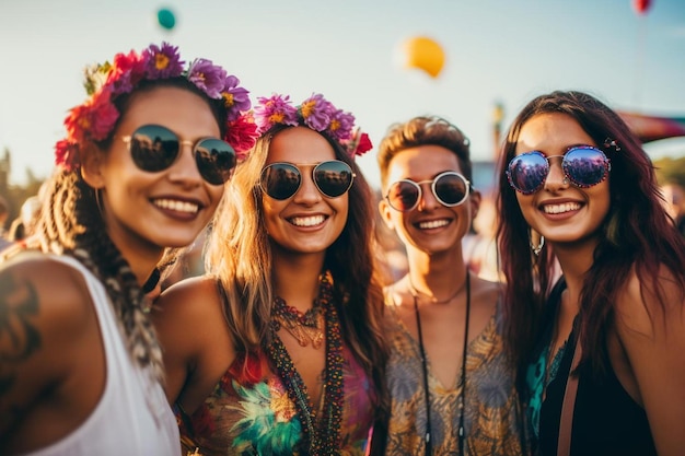 Foto gruppo di amici che indossano occhiali da sole e una corona di fiori