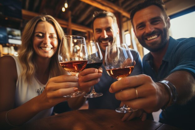 Группа друзей дегустирует вино в винокурнице или подвале, пьет бокалы и наслаждается экскурсией вместе