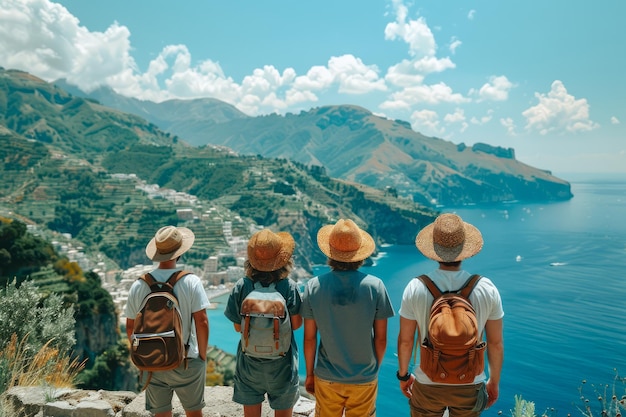 Foto un gruppo di amici con gli zaini che si godono la vista panoramica del paesaggio costiero in una giornata di sole