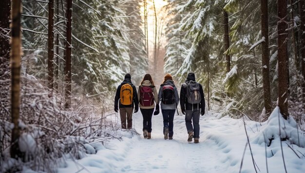 Foto un gruppo di amici con zaini che camminano nella foresta invernale