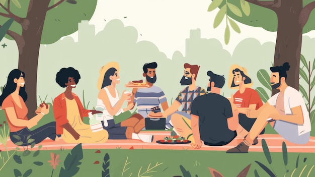 異なる体型の友達が公園でピクニックを楽しんで 笑いと食べ物を共有し 喜びに満ちた包括的なシーンを作ります