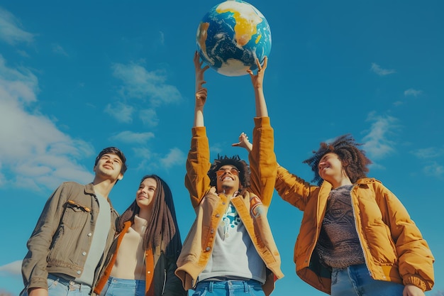 Foto gruppo di amici con il globo nelle mani su uno sfondo di cielo blu