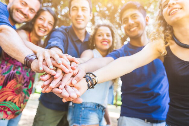 Gruppo di amici con le mani sulla pila