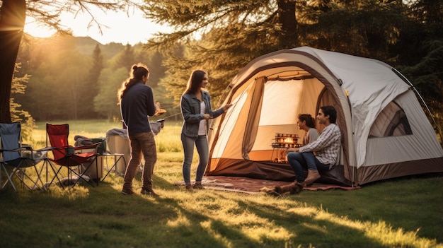 Group of friends with a tent vacationing in nature