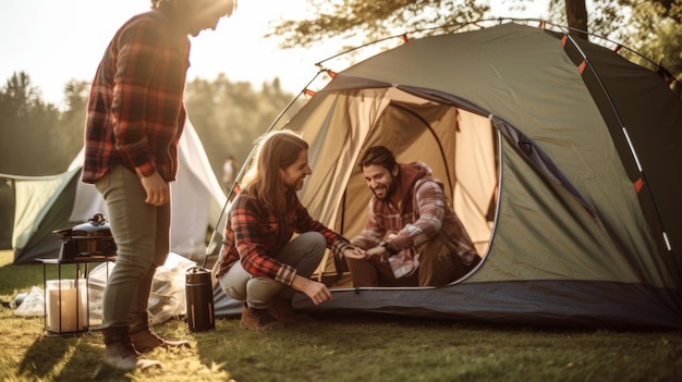 Group of friends with a tent vacationing in nature