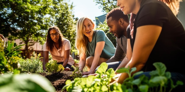 A group of friends working on the vegetable gardenCreated with generative AI technology