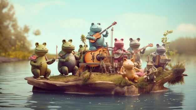 A group of frogs playing music on an island in the water generative ai image