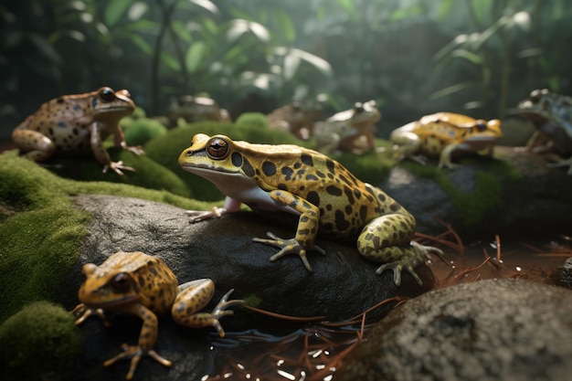 A group of frogs sit on a rock in a jungle.