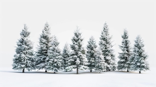 Group of frosty spruce trees in snow isolated on white