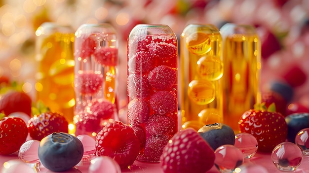 A group of fruit in a glass with a liquid inside