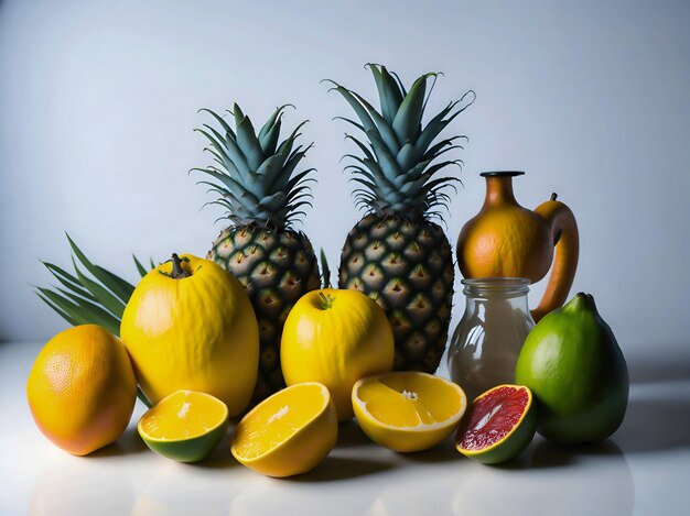 A group of fruit including oranges, mangoes, and mangoes