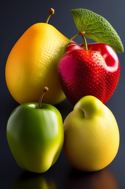 A group of fruit is shown on a black background.