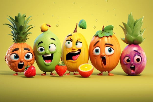 a group of fruit with faces that say fruit