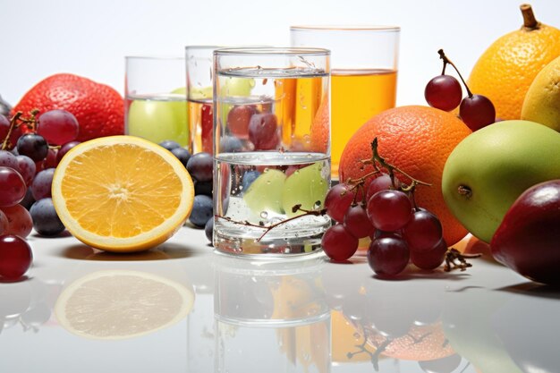 Foto un gruppo di frutta e un bicchiere d'acqua