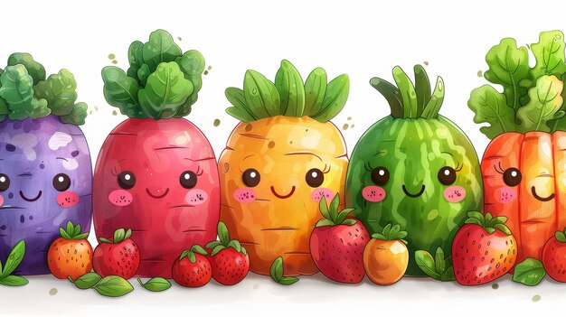 group of fruits and vegetables characters on a white background