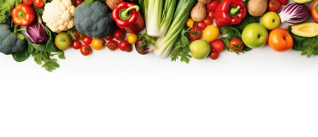 A group of fruits and vegetables on a white background with a blank space for a text or image or a
