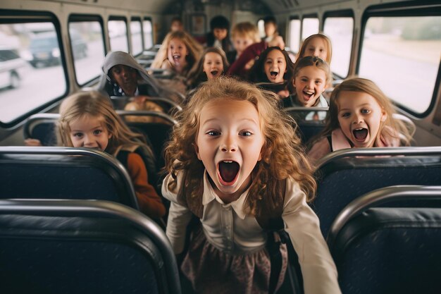 Group of fun children in the school bus