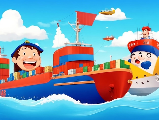 Group of funny cargo ships cartoon