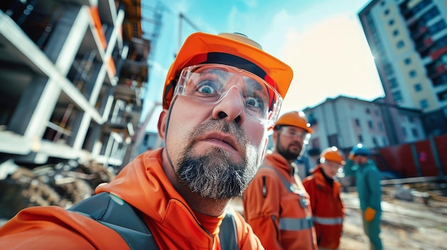 A group of funny cheerful construction workers wearing orange safety gear on a work site