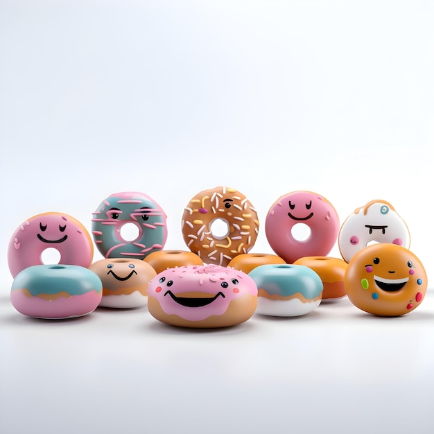 Group of funny donuts with different faces 3d illustration