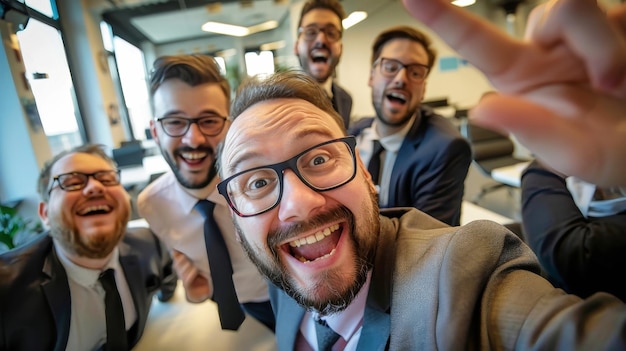 Foto un gruppo di manager divertenti, amichevoli e felici in abiti e cravatte che si fanno un selfie insieme