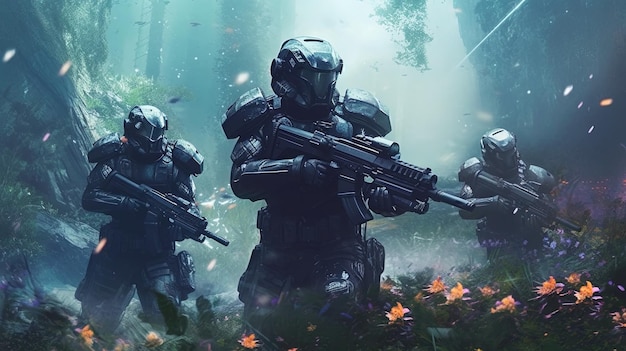 A group of futuristic soldiers with scifi weapon in hands ready for the battle Fantasy concept Illustration painting