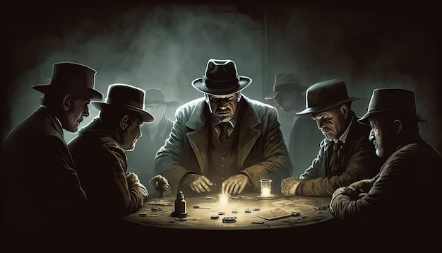 A group of gangsters playing poker around dark room with lights and smoke Generative AI