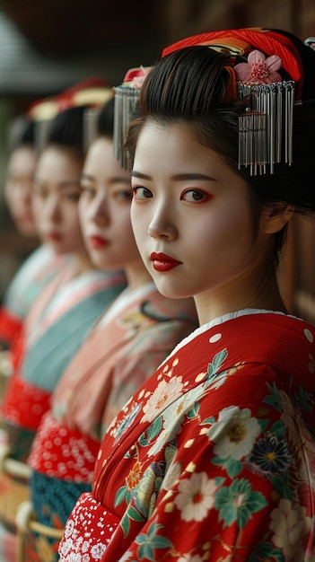 A group of Geishas posing for their master
