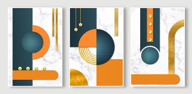 A group of geometric art hanging paintings, creative orange patterns, marble background