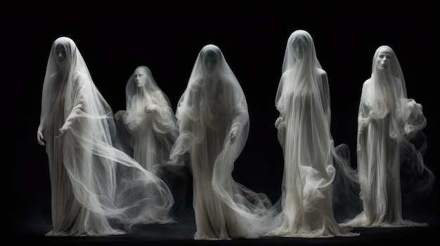 A group of ghost dolls are standing in a line.