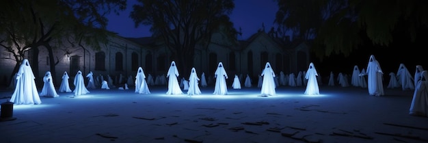 A group of ghost figures are standing in a cemetery in blue lights.