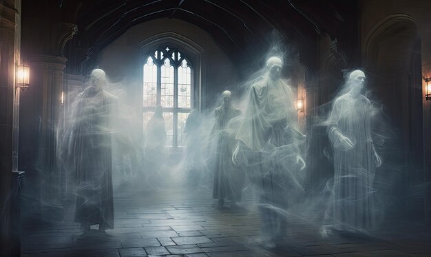 A group of ghostly people standing in front of a window