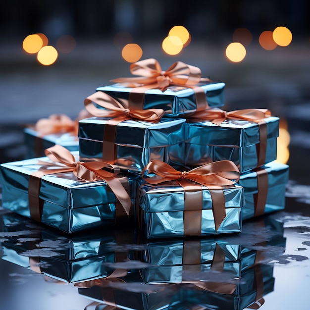 a group of gift boxes are on a wet surface