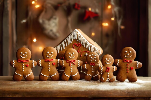 Photo a group of gingerbread men are standing in front of a christmas tree and a house with lights in the background.