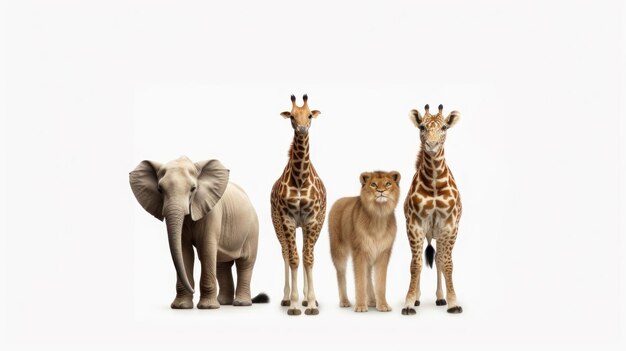 a group of giraffes, elephants, and elephants on a white background.