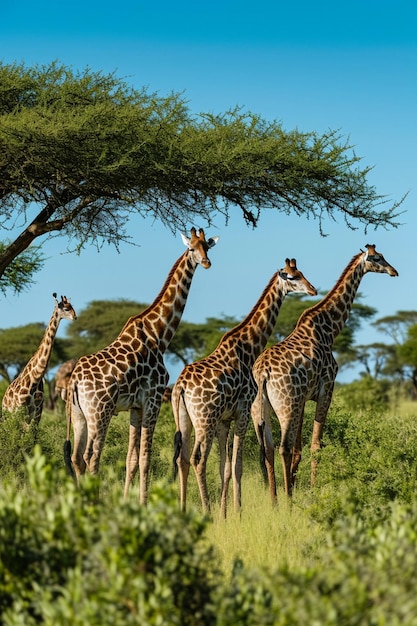 a group of giraffes grazing among acacia trees in the African savannah